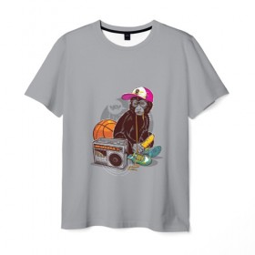 Мужская футболка 3D с принтом monkey music в Рязани, 100% полиэфир | прямой крой, круглый вырез горловины, длина до линии бедер | monkey | банан | баскетбол | магнитофон | музыка | мяч | обезьяна | хипстер