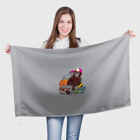 Флаг 3D с принтом monkey music в Рязани, 100% полиэстер | плотность ткани — 95 г/м2, размер — 67 х 109 см. Принт наносится с одной стороны | monkey | банан | баскетбол | магнитофон | музыка | мяч | обезьяна | хипстер