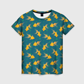 Женская футболка 3D с принтом Золотые рыбки в Рязани, 100% полиэфир ( синтетическое хлопкоподобное полотно) | прямой крой, круглый вырез горловины, длина до линии бедер | вода | водоросли | море | подводный мир | рыба | сказка