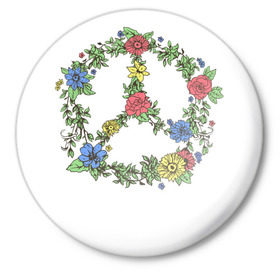 Значок с принтом peace flowers в Рязани,  металл | круглая форма, металлическая застежка в виде булавки | Тематика изображения на принте: flowers | peace | мир | цветы