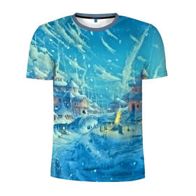 Мужская футболка 3D спортивная с принтом Зимний городок в Рязани, 100% полиэстер с улучшенными характеристиками | приталенный силуэт, круглая горловина, широкие плечи, сужается к линии бедра | ночь | пейзаж | снег