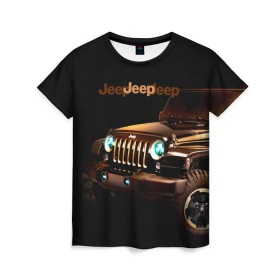 Женская футболка 3D с принтом Jeep в Рязани, 100% полиэфир ( синтетическое хлопкоподобное полотно) | прямой крой, круглый вырез горловины, длина до линии бедер | Тематика изображения на принте: brand | car | chrysler | jeep | logo | usa | автомобиль | джип | крайслер | логотип | марка | сша