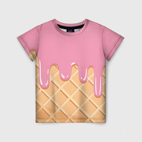 Детская футболка 3D с принтом Я Клубничный Рожок в Рязани, 100% гипоаллергенный полиэфир | прямой крой, круглый вырез горловины, длина до линии бедер, чуть спущенное плечо, ткань немного тянется | ваниль | вафля | вкус | вкусно | вкусняшка | десерт | жара | капли | клубника | лед | лето | молоко | мороженка | мороженое | пломбир | принт | рожок | сладость | шоколад | эскимо