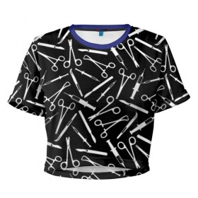 Женская футболка 3D укороченная с принтом Шприцы в Рязани, 100% полиэстер | круглая горловина, длина футболки до линии талии, рукава с отворотами | Тематика изображения на принте: doctor | врач | доктор | инструмент | медик | медицина | скальпель