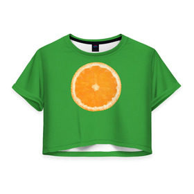 Женская футболка 3D укороченная с принтом Низкополигональный апельсин в Рязани, 100% полиэстер | круглая горловина, длина футболки до линии талии, рукава с отворотами | lowpoly | polygonal | апельсин | зеленый | оранджевый | полигон | полигональный | полигоны | яркий