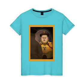 Женская футболка хлопок с принтом Счастливый Ким в Рязани, 100% хлопок | прямой крой, круглый вырез горловины, длина до линии бедер, слегка спущенное плечо | ким чен ын | северная корея