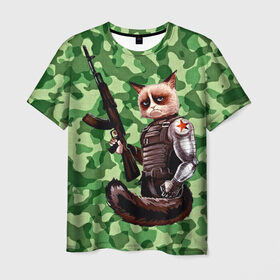 Мужская футболка 3D с принтом Воинственный кот в Рязани, 100% полиэфир | прямой крой, круглый вырез горловины, длина до линии бедер | армия | арт | воин | животные | камуфляж | оружие