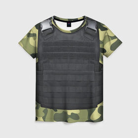 Женская футболка 3D с принтом Бронежилет + камуфляж в Рязани, 100% полиэфир ( синтетическое хлопкоподобное полотно) | прямой крой, круглый вырез горловины, длина до линии бедер | 23февраля | 9 мая | csgo | бронежилет | варфейс | военные | игры | ксго | лучшее