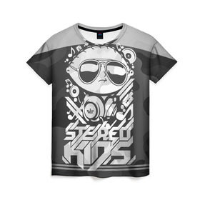 Женская футболка 3D с принтом Black Milk Stereo Kids в Рязани, 100% полиэфир ( синтетическое хлопкоподобное полотно) | прямой крой, круглый вырез горловины, длина до линии бедер | black milk | dj | kids | stereo | дети | дизайн | камуфляж | малыш | мода | наушники | ноты | очки | ребёнок | стерео | стиль