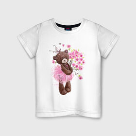Детская футболка хлопок с принтом Цветы в Рязани, 100% хлопок | круглый вырез горловины, полуприлегающий силуэт, длина до линии бедер | акварель | балерина | девочка | игрушка | медведь | мило | мимими | пачка | плюшевый | рисунок | розы | сердце | теди