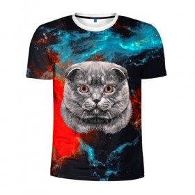 Мужская футболка 3D спортивная с принтом Космический кот в Рязани, 100% полиэстер с улучшенными характеристиками | приталенный силуэт, круглая горловина, широкие плечи, сужается к линии бедра | 3d | cat | арт | взгляд | кот | кот хипстер | котёнок | котятки | котятушки | кошечки | кошка | мордочка