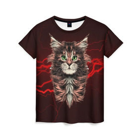 Женская футболка 3D с принтом Electro cat в Рязани, 100% полиэфир ( синтетическое хлопкоподобное полотно) | прямой крой, круглый вырез горловины, длина до линии бедер | cat | взгляд | кот | кот хипстер | котёнок | котятки | кошка | молния | мордочка | разряд | электричество