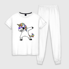 Женская пижама хлопок с принтом Unicorn dab в Рязани, 100% хлопок | брюки и футболка прямого кроя, без карманов, на брюках мягкая резинка на поясе и по низу штанин | арт | единорог | животные | музыка