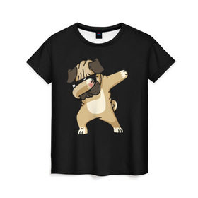 Женская футболка 3D с принтом Dog dab в Рязани, 100% полиэфир ( синтетическое хлопкоподобное полотно) | прямой крой, круглый вырез горловины, длина до линии бедер | Тематика изображения на принте: арт | животное | мопс | музыка | собака