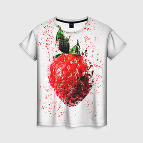 Женская футболка 3D с принтом Клубника в Рязани, 100% полиэфир ( синтетическое хлопкоподобное полотно) | прямой крой, круглый вырез горловины, длина до линии бедер | брызги | земляника | клубника | краски | красный | природа | рисунок | фрукты