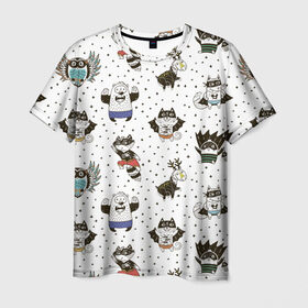 Мужская футболка 3D с принтом Лесные супергерои в Рязани, 100% полиэфир | прямой крой, круглый вырез горловины, длина до линии бедер | Тематика изображения на принте: енот | лес | лис | лось | медведь | паттерн | сова
