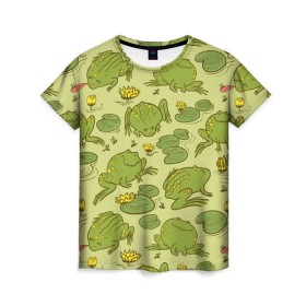 Женская футболка 3D с принтом Лягухи в Рязани, 100% полиэфир ( синтетическое хлопкоподобное полотно) | прямой крой, круглый вырез горловины, длина до линии бедер | болото | жабы | квакухи | кувшинки | лягушки | паттерн