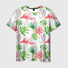 Мужская футболка 3D с принтом Розовые в Рязани, 100% полиэфир | прямой крой, круглый вырез горловины, длина до линии бедер | Тематика изображения на принте: листья | папоротник | паттерн | фламинго