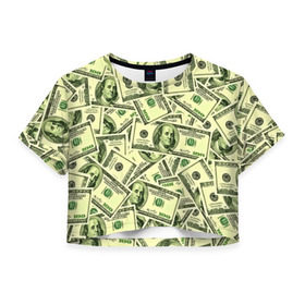 Женская футболка 3D укороченная с принтом Benjamin Franklin в Рязани, 100% полиэстер | круглая горловина, длина футболки до линии талии, рукава с отворотами | Тематика изображения на принте: 3d | benjamin franklin | америка | богатство | валюта | денежные купюры | деньги | доллар | зеленые | сша | текстуры