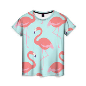 Женская футболка 3D с принтом Flamingos pattern в Рязани, 100% полиэфир ( синтетическое хлопкоподобное полотно) | прямой крой, круглый вырез горловины, длина до линии бедер | animals | beautiful | bird | birds | birdy | blue | color | flamingo | nature | wild | белое | голубое | животные | красивое | красота | милое | природа | птица | птицы | птичка | птички | синее | фламинго | цвет | яркое