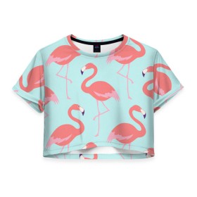 Женская футболка 3D укороченная с принтом Flamingos pattern в Рязани, 100% полиэстер | круглая горловина, длина футболки до линии талии, рукава с отворотами | Тематика изображения на принте: animals | beautiful | bird | birds | birdy | blue | color | flamingo | nature | wild | белое | голубое | животные | красивое | красота | милое | природа | птица | птицы | птичка | птички | синее | фламинго | цвет | яркое