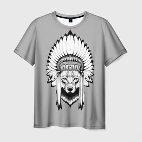 Мужская футболка 3D с принтом Indian wolf в Рязани, 100% полиэфир | прямой крой, круглый вырез горловины, длина до линии бедер | indian | wolf | волк | голова животного | индеец | перья