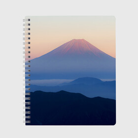 Тетрадь с принтом Фудзияма в Рязани, 100% бумага | 48 листов, плотность листов — 60 г/м2, плотность картонной обложки — 250 г/м2. Листы скреплены сбоку удобной пружинной спиралью. Уголки страниц и обложки скругленные. Цвет линий — светло-серый
 | fuji | вулкан | горы | рассвет | солнце | туман | утро | япония