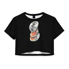 Женская футболка 3D укороченная с принтом Луна дольками в Рязани, 100% полиэстер | круглая горловина, длина футболки до линии талии, рукава с отворотами | Тематика изображения на принте: апельсин | грейпфрут | ломтики | цитрус