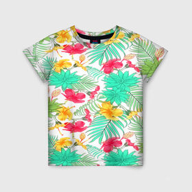 Детская футболка 3D с принтом Tropical pattern в Рязани, 100% гипоаллергенный полиэфир | прямой крой, круглый вырез горловины, длина до линии бедер, чуть спущенное плечо, ткань немного тянется | 3d | арт | лето | пальмы | текстура | тропический | узор | цветы
