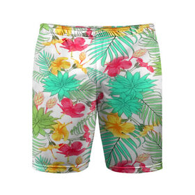 Мужские шорты 3D спортивные с принтом Tropical pattern в Рязани,  |  | 3d | арт | лето | пальмы | текстура | тропический | узор | цветы