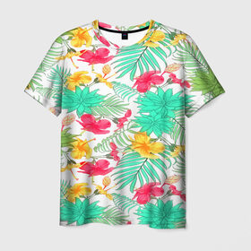 Мужская футболка 3D с принтом Tropical pattern в Рязани, 100% полиэфир | прямой крой, круглый вырез горловины, длина до линии бедер | 3d | арт | лето | пальмы | текстура | тропический | узор | цветы