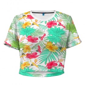 Женская футболка 3D укороченная с принтом Tropical pattern в Рязани, 100% полиэстер | круглая горловина, длина футболки до линии талии, рукава с отворотами | 3d | арт | лето | пальмы | текстура | тропический | узор | цветы