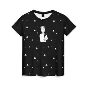 Женская футболка 3D с принтом Чай Космос в Рязани, 100% полиэфир ( синтетическое хлопкоподобное полотно) | прямой крой, круглый вырез горловины, длина до линии бедер | звезды | корабль | космонавт | кофе | мужчина | небо | ночь | парень | черно белый | эмоции