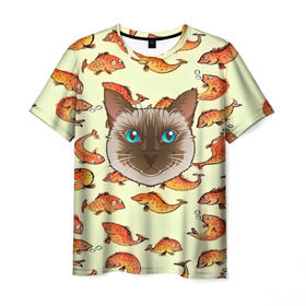 Мужская футболка 3D с принтом Котик в рыбках! в Рязани, 100% полиэфир | прямой крой, круглый вырез горловины, длина до линии бедер | животные | коты | котэ | котята | милые животные | прикольные | рыба | рыбки | цветные | яркие