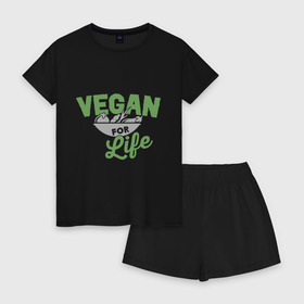 Женская пижама с шортиками хлопок с принтом Vegan for Life в Рязани, 100% хлопок | футболка прямого кроя, шорты свободные с широкой мягкой резинкой | green | vegan | yoga | веган | вегетарианец | вегетарианство | витамины | здоровье | зеленый | зож | йога | овощи | фрукты