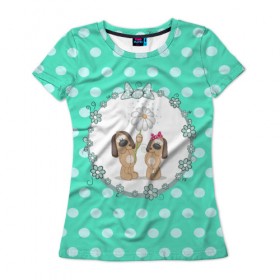 Женская футболка 3D с принтом Собачки в Рязани, 100% полиэфир ( синтетическое хлопкоподобное полотно) | прямой крой, круглый вырез горловины, длина до линии бедер | 3d | арт | горошек | животные | кружочки | любовь | собака | текстура | цветы