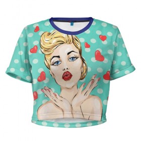 Женская футболка 3D укороченная с принтом Pop Art в Рязани, 100% полиэстер | круглая горловина, длина футболки до линии талии, рукава с отворотами | горошек | губы | девушка | кружочки | поп арт | поцелуй | сердечки | текстура