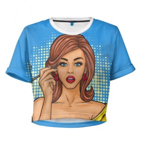 Женская футболка 3D укороченная с принтом POP ART в Рязани, 100% полиэстер | круглая горловина, длина футболки до линии талии, рукава с отворотами | 3d | девушка | кружочки | поп арт | ретро | текстура