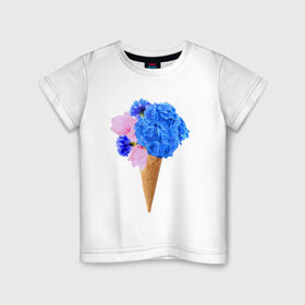 Детская футболка хлопок с принтом Мороженое букет в Рязани, 100% хлопок | круглый вырез горловины, полуприлегающий силуэт, длина до линии бедер | flowers | василек | вафля | гортензия | магнолия | рожок | розовый | синий | цветы