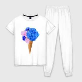 Женская пижама хлопок с принтом Мороженое букет в Рязани, 100% хлопок | брюки и футболка прямого кроя, без карманов, на брюках мягкая резинка на поясе и по низу штанин | flowers | василек | вафля | гортензия | магнолия | рожок | розовый | синий | цветы