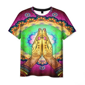 Мужская футболка 3D с принтом Meditation в Рязани, 100% полиэфир | прямой крой, круглый вырез горловины, длина до линии бедер | Тематика изображения на принте: 3d | indian | mandala | арт | йога | медитация | руки | узор | цветы