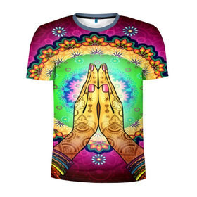 Мужская футболка 3D спортивная с принтом Meditation в Рязани, 100% полиэстер с улучшенными характеристиками | приталенный силуэт, круглая горловина, широкие плечи, сужается к линии бедра | Тематика изображения на принте: 3d | indian | mandala | арт | йога | медитация | руки | узор | цветы