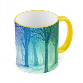 Кружка 3D с принтом Мрачный лес в Рязани, керамика | ёмкость 330 мл | вечер | деревья | загадочный | зеленый | земля | зима | лес | необычный | природа | свет | свечение | сибирь | снег | тайга | фиолетовый | яркий