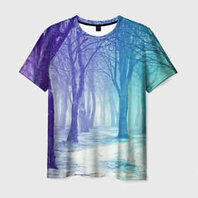 Мужская футболка 3D с принтом Мрачный лес в Рязани, 100% полиэфир | прямой крой, круглый вырез горловины, длина до линии бедер | Тематика изображения на принте: вечер | деревья | загадочный | зеленый | земля | зима | лес | необычный | природа | свет | свечение | сибирь | снег | тайга | фиолетовый | яркий