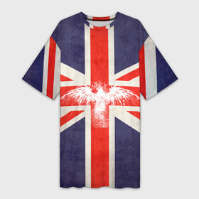 Платье-футболка 3D с принтом Флаг Англии с белым орлом в Рязани,  |  | london | англия | белый | брызги | великобритания | империя | клякса | крылья | лондон | необычный | объеденное королевство | орел | птица | символ | сокол | туманный альбион | флаг