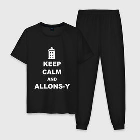 Мужская пижама хлопок с принтом Keep calm and allons-y в Рязани, 100% хлопок | брюки и футболка прямого кроя, без карманов, на брюках мягкая резинка на поясе и по низу штанин
 | Тематика изображения на принте: keep calm | арт | доктор кто | надпись | сериал | сохраняйте спокойствие | тардис | фильмы