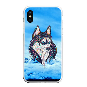 Чехол для iPhone XS Max матовый с принтом Siberian Husky в Рязани, Силикон | Область печати: задняя сторона чехла, без боковых панелей | at | bowwow | dog | hound | pooch | арт | гончая | гончая собака | горы | деревья | лес | снег | собака | хаски | холод