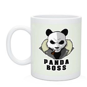 Кружка с принтом Panda Boss в Рязани, керамика | объем — 330 мл, диаметр — 80 мм. Принт наносится на бока кружки, можно сделать два разных изображения | Тематика изображения на принте: банда | большой | босс | важный | главарь | главный | директор | крутой | круче всех | лидер | мех | панда | россия | русский | самый | супер | трубка | шуба