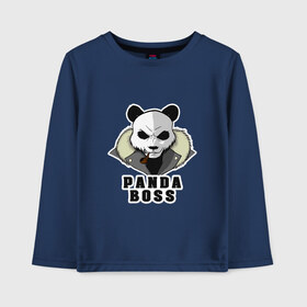 Детский лонгслив хлопок с принтом Panda Boss в Рязани, 100% хлопок | круглый вырез горловины, полуприлегающий силуэт, длина до линии бедер | Тематика изображения на принте: банда | большой | босс | важный | главарь | главный | директор | крутой | круче всех | лидер | мех | панда | россия | русский | самый | супер | трубка | шуба