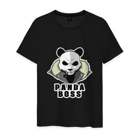 Мужская футболка хлопок с принтом Panda Boss в Рязани, 100% хлопок | прямой крой, круглый вырез горловины, длина до линии бедер, слегка спущенное плечо. | Тематика изображения на принте: банда | большой | босс | важный | главарь | главный | директор | крутой | круче всех | лидер | мех | панда | россия | русский | самый | супер | трубка | шуба